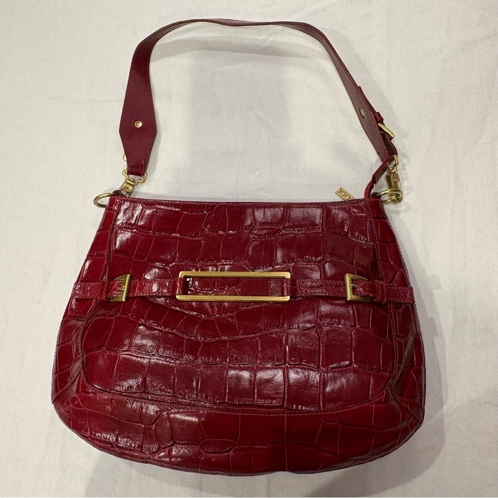 Maxx New York Deep Red Croc-Embossed Shoulder Bag Gold Buckle